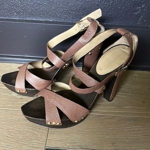 BCBG Textured Leather, Wooden Chunky Heels